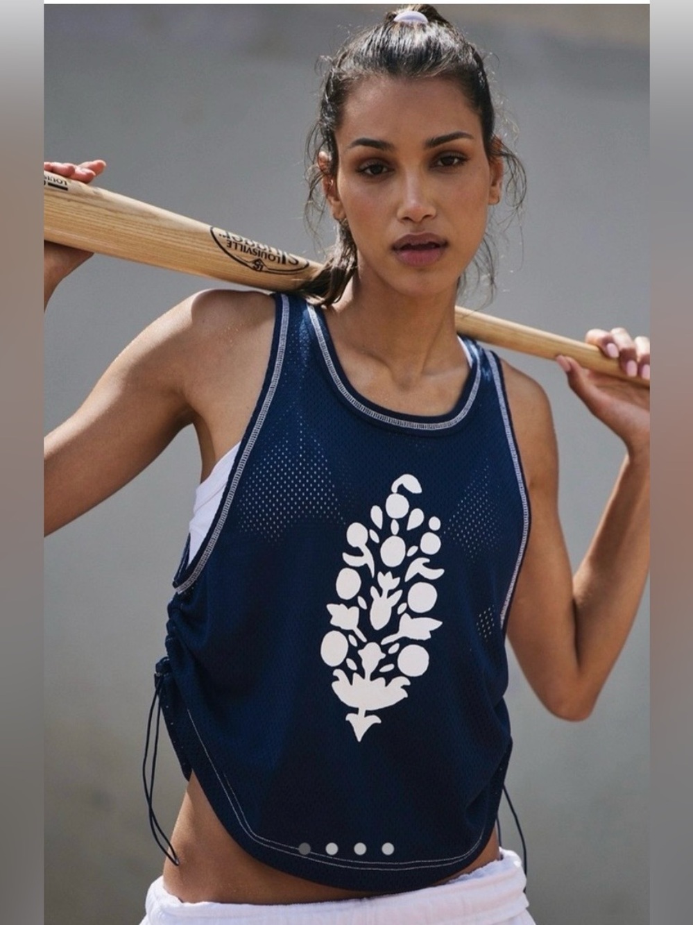 Free People Movement Medium Navy Blue Logo Floral Jersey Tank Top w Cinch Sides